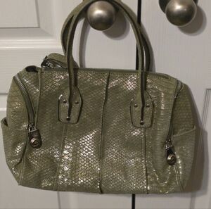 B Makowsky Suede Leather Satchel Bag Green Metallic Snake